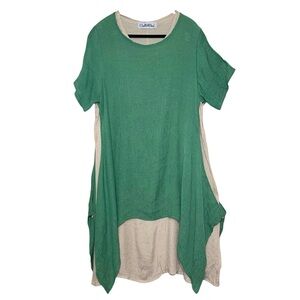 Cherie Bliss Green Tan Layered Dress Sz M Crinkled Asymmetrical Hem Lagenlook